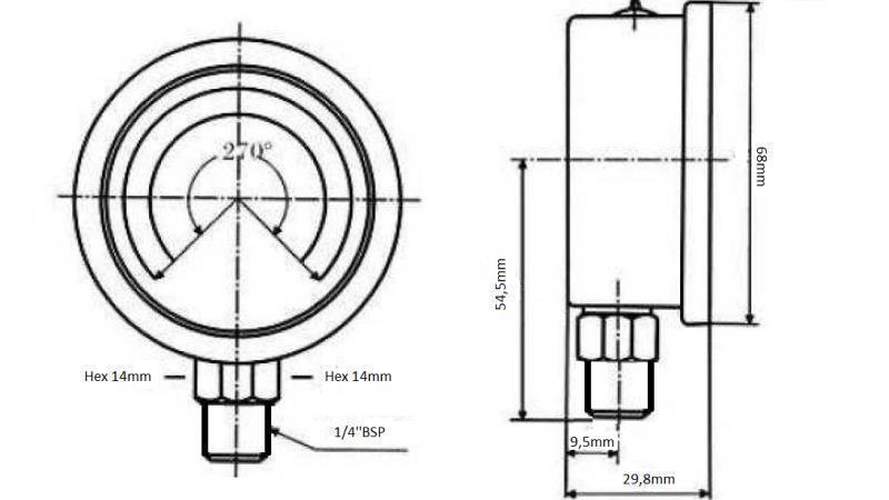 MANOMETER DN63 VERTIKAL 0 - 60 BAR - 1/4-DIMENSIONEN